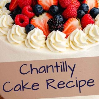 Collage of cake with white frosting and fruit pin image 