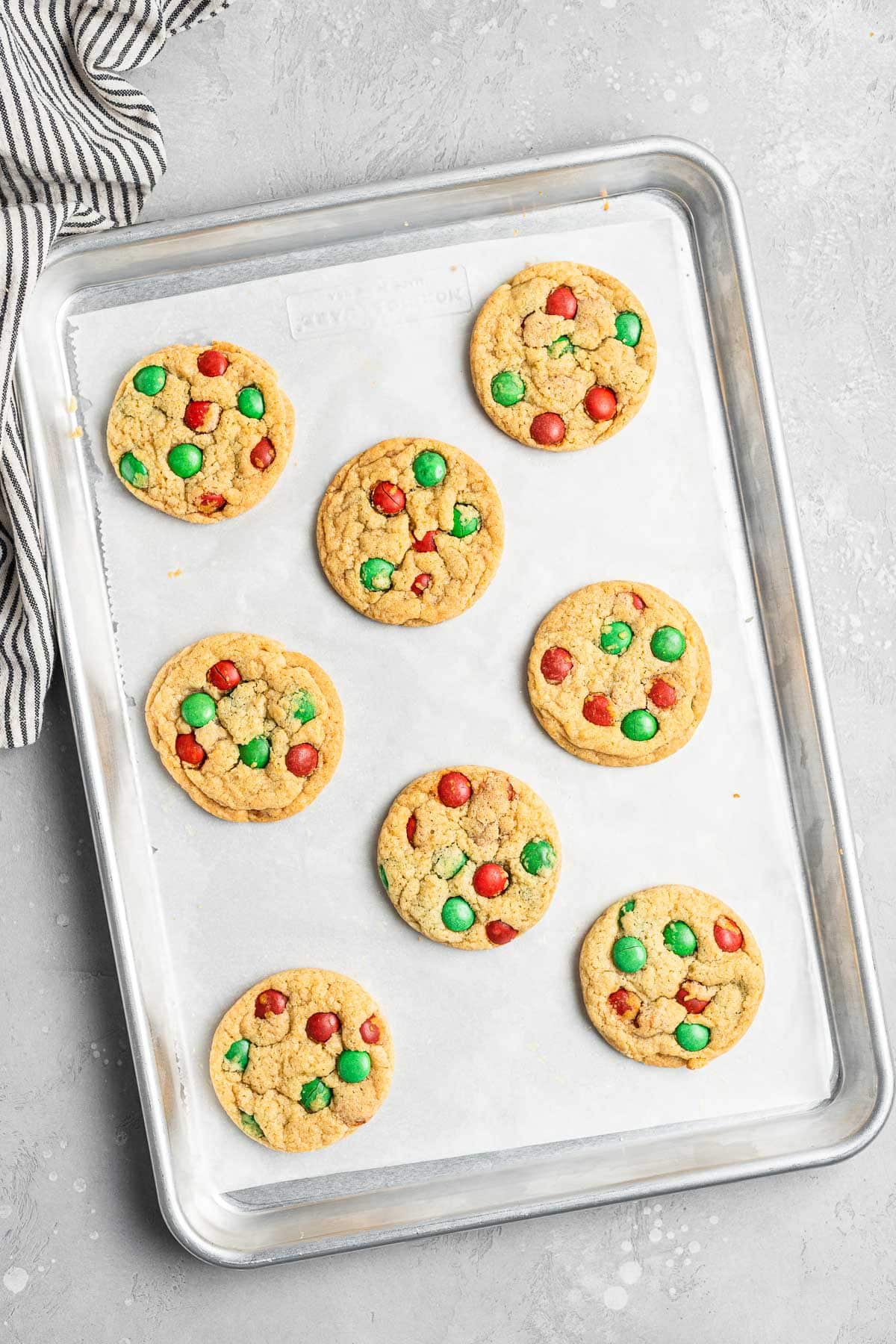 Christmas M&M Cookies baked cookies on baking sheet