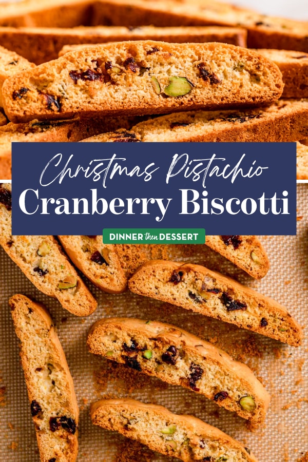Christmas Pistachio Cranberry Biscotti collage of baked biscotti with recipe name across middle