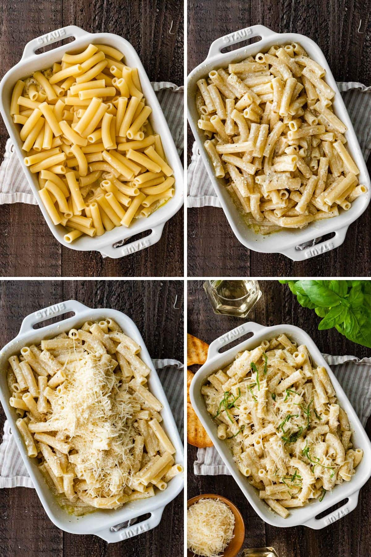 Creamy Pasta Bake collage of mixing the pasta and cheese into the sauce