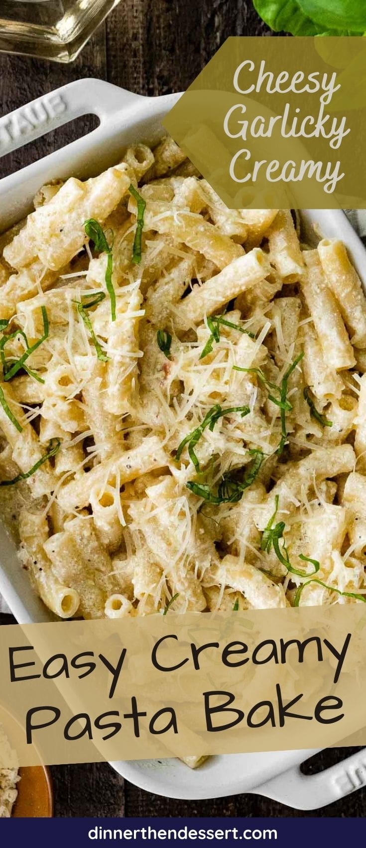 Creamy Pasta Bake finished pasta in baking dish with recipe name across the bottom
