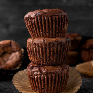 stack of three Crinkly Brownie Muffins