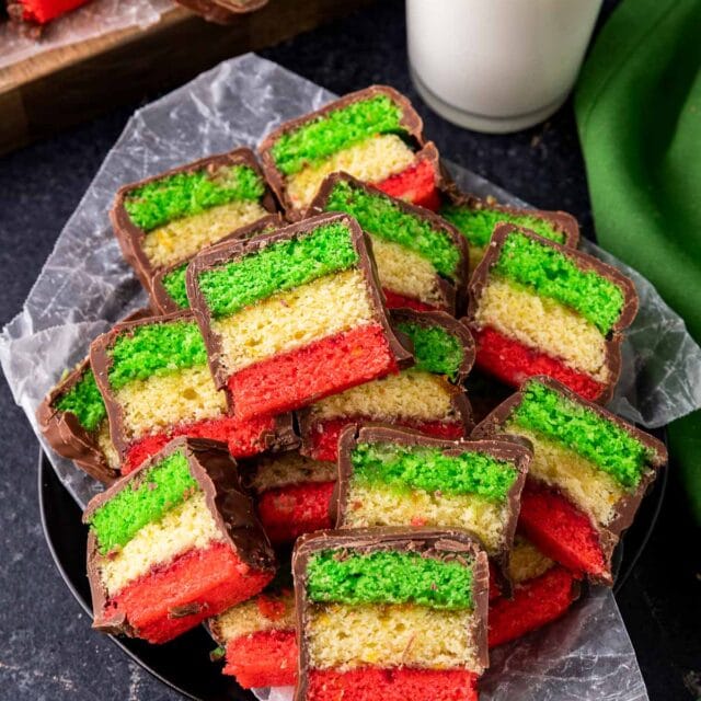 Italian Rainbow Cookies stacked for serving