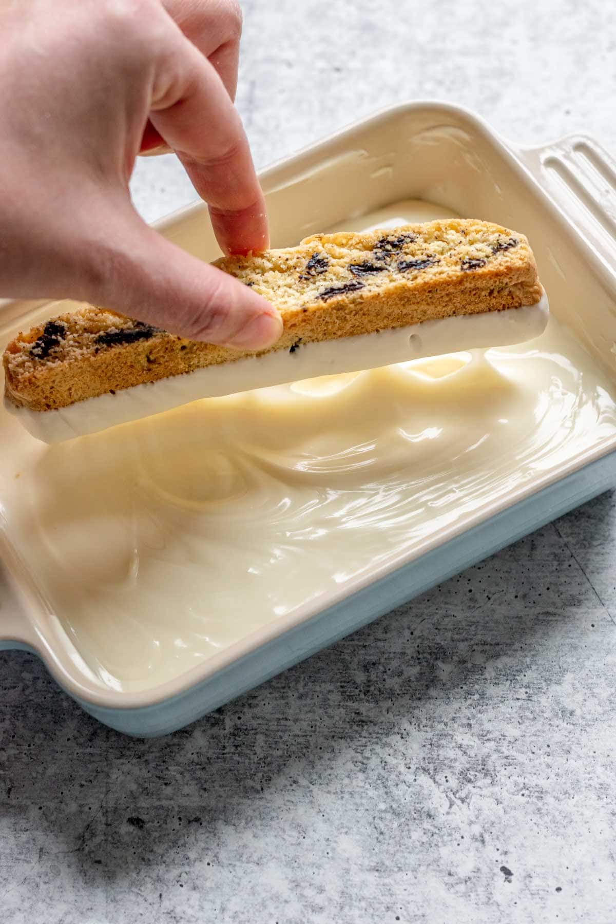Oreo Dipped Biscotti dipping biscotti in white chocolate