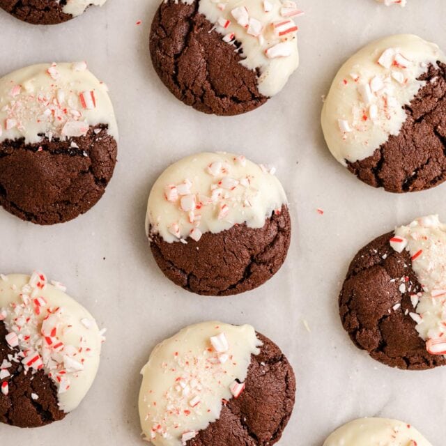 Peppermint Bark Cookies finished cookies on parchment paper, 1x1