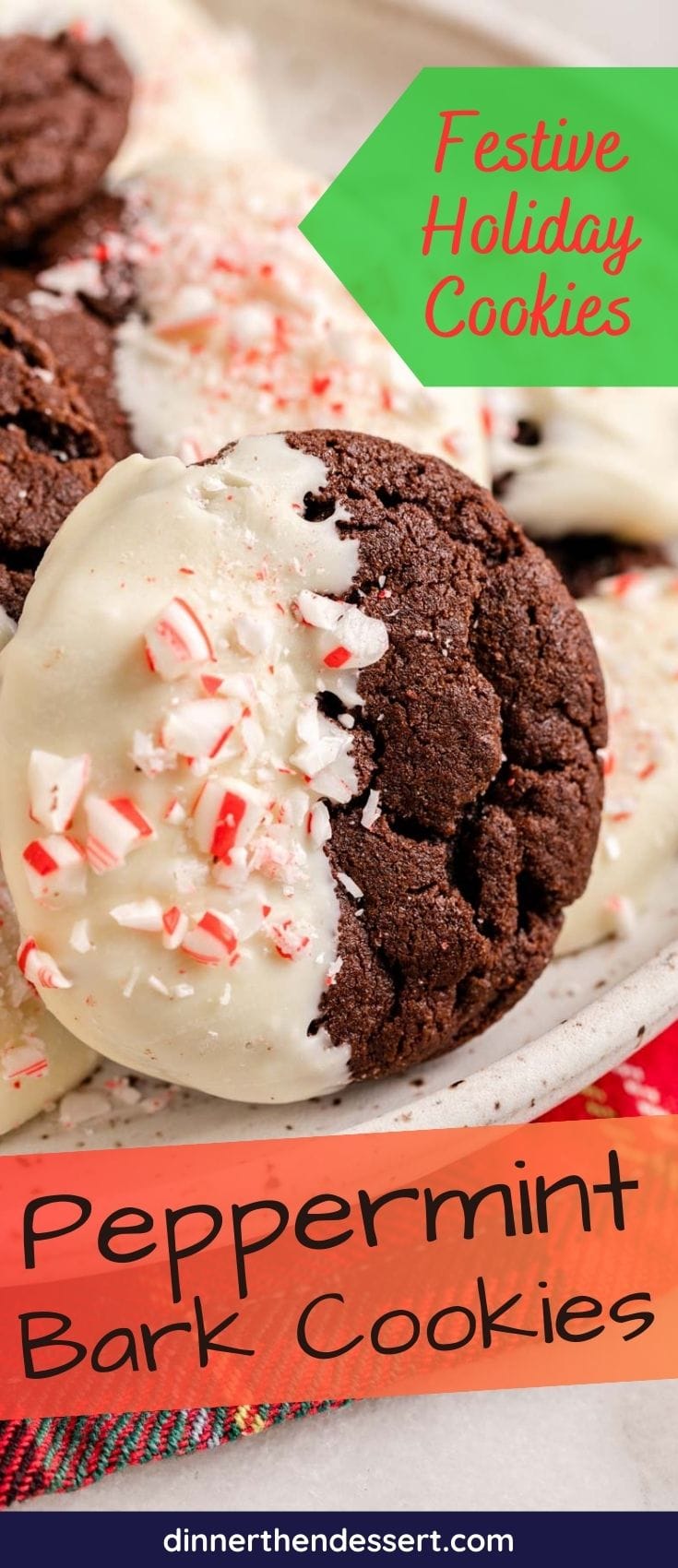 Peppermint Bark Cookies piled on plate, recipe title across bottom