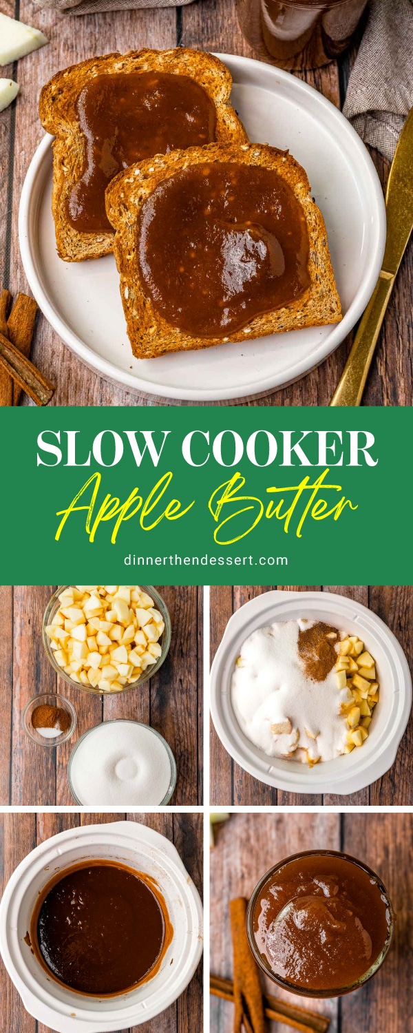Slow Cooker Apple Butter collage of prep steps and finished butter on toast