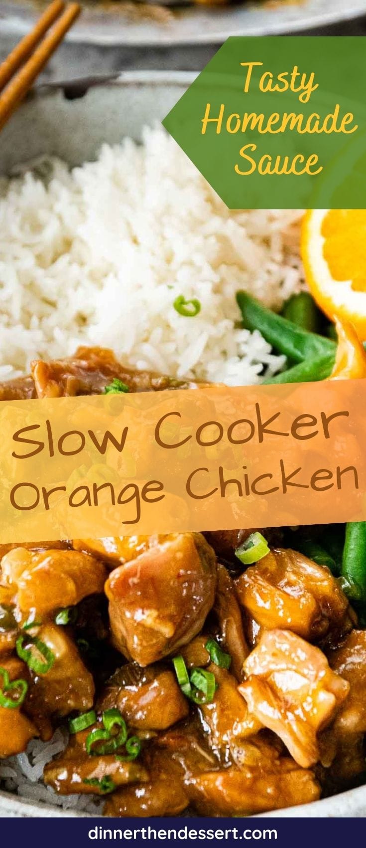 Slow Cooker Orange Chicken plated with rice, recipe name across middle