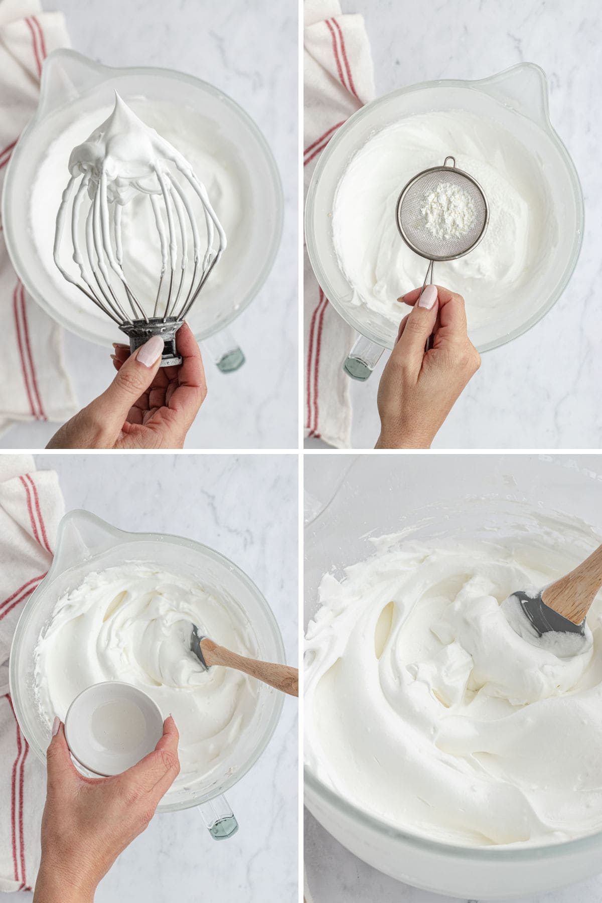 Strawberry Pavlova preparing meringue with whipped egg whites collage