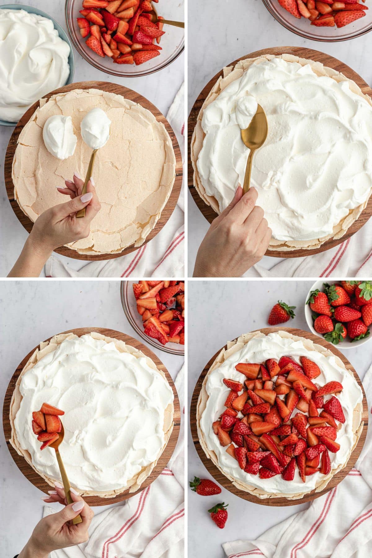 Strawberry Pavlova adding whipped cream and strawberries four picture collage