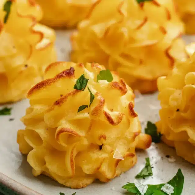 Piped potato bites on serving tray.