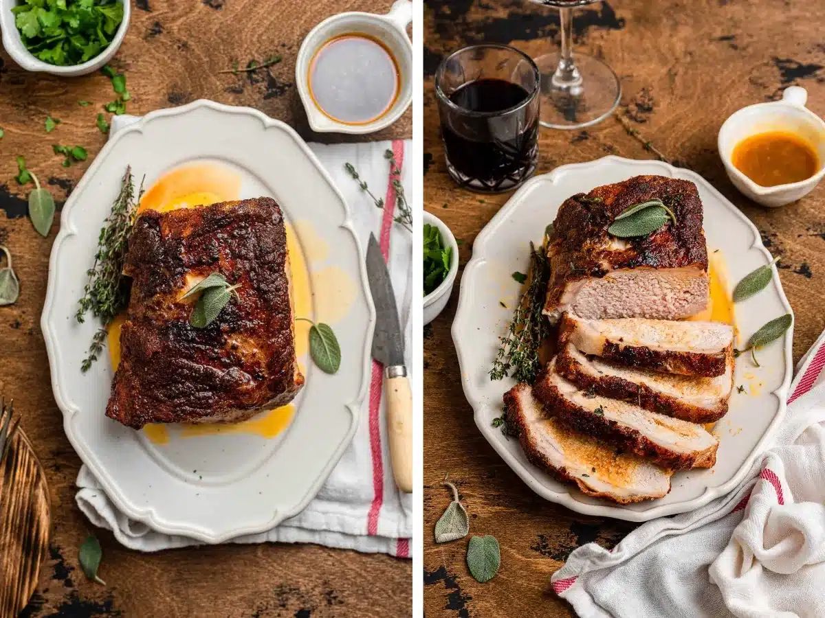 collage of pork roast on plate and sliced pork on plate