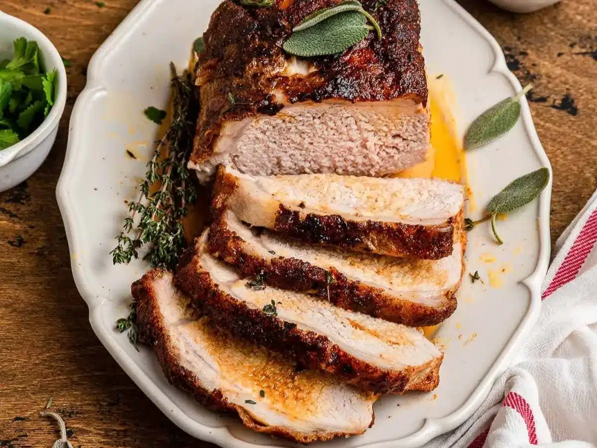sliced pork loin on a plate 
