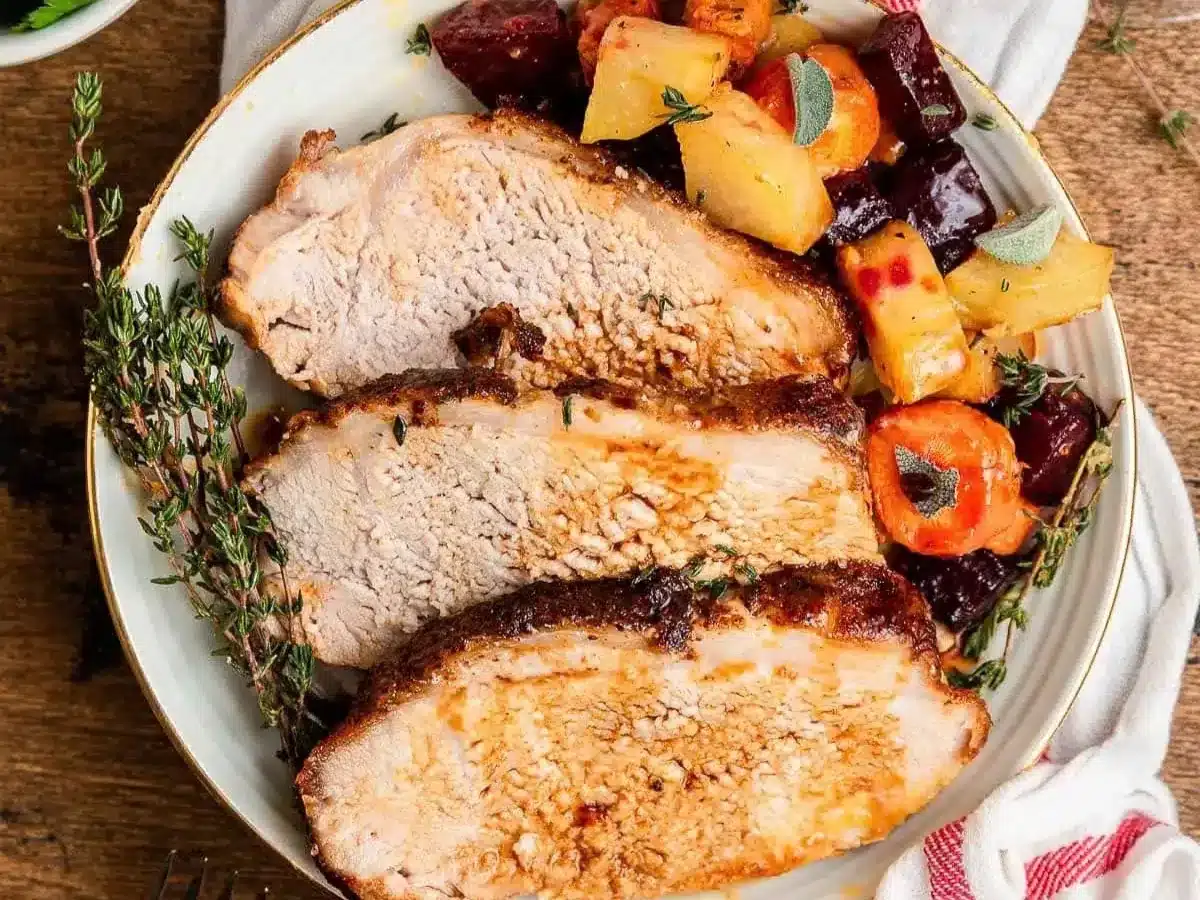 sliced pork with gravy and veggies on plate