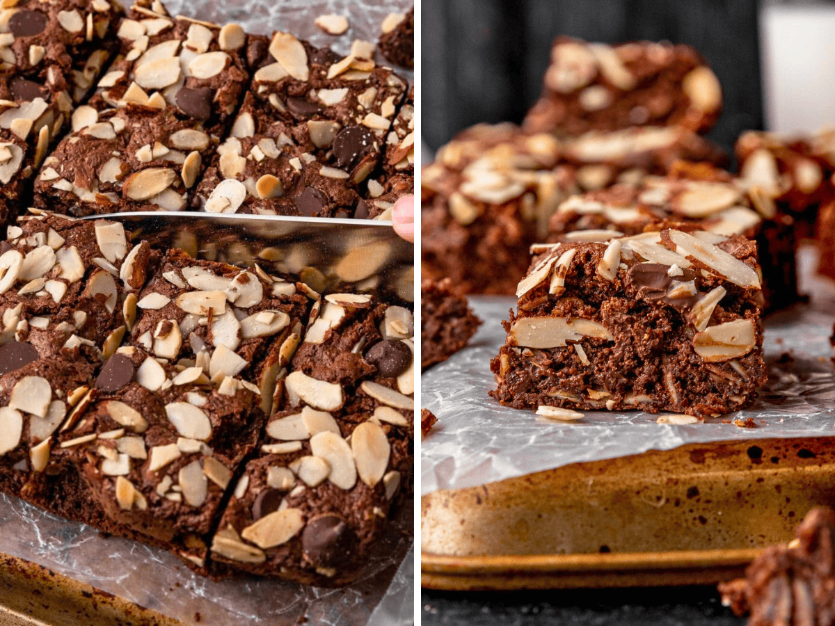 Collage of brownies being cut and single brownie