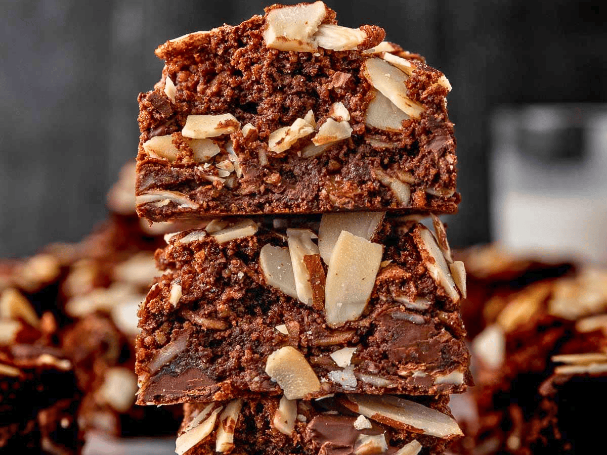 Stacked brownies with almonds