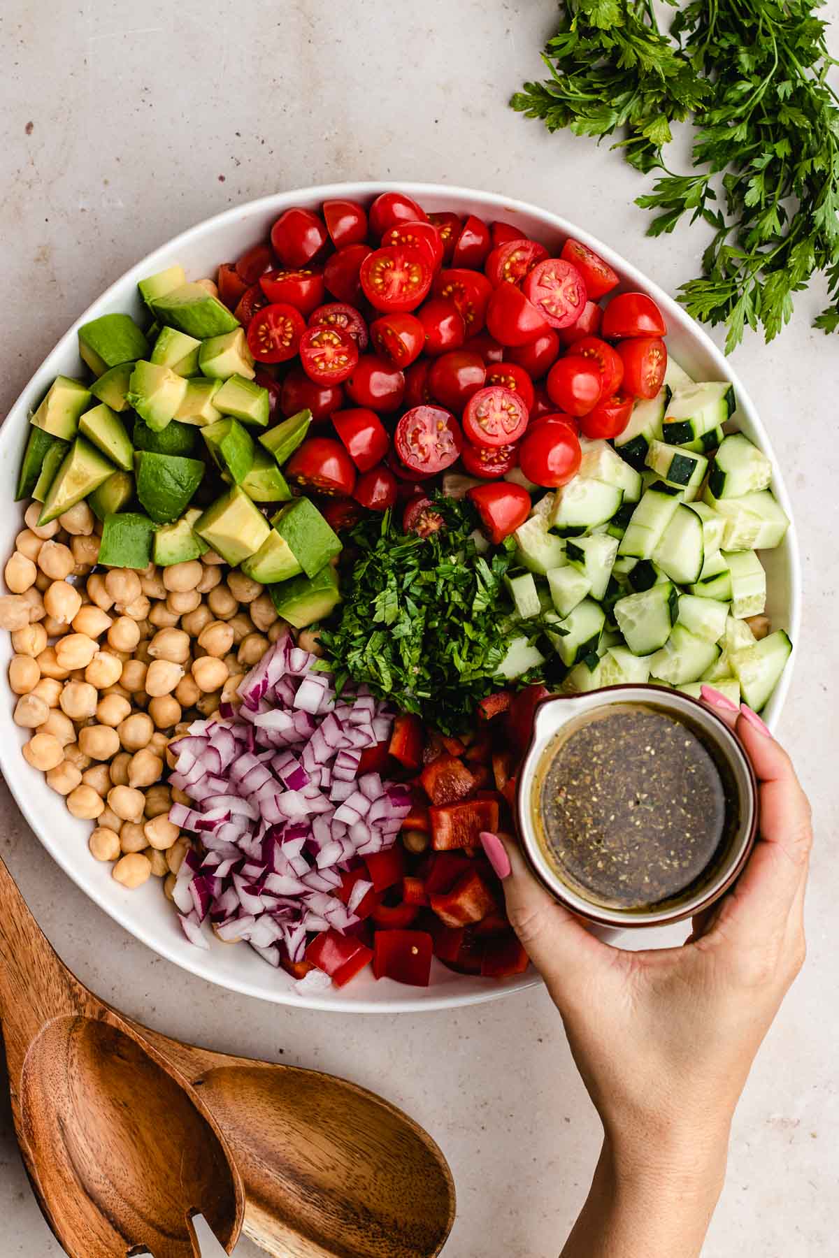 Aerial View of Chickpea Salad with Dressing