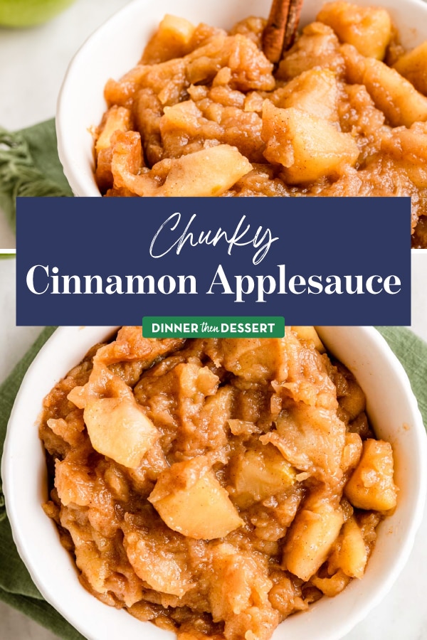 Chunky Cinnamon Applesauce collage of prepared sauce with recipe name across center in blue banner