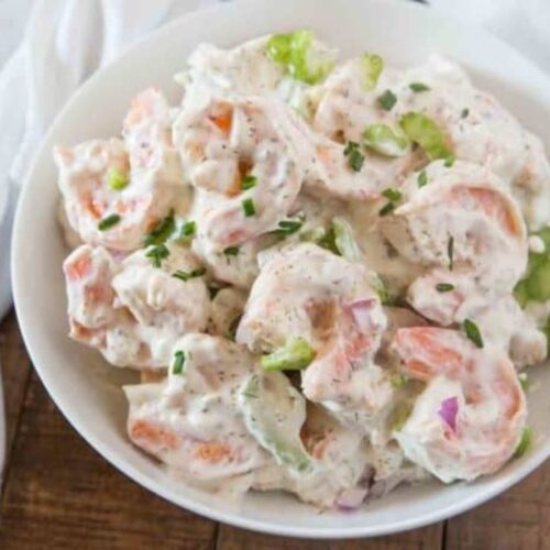 Creamy shrimp dish in a white bowl