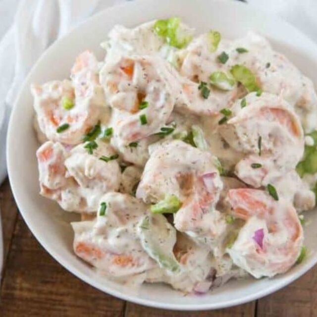 Creamy shrimp dish in a white bowl