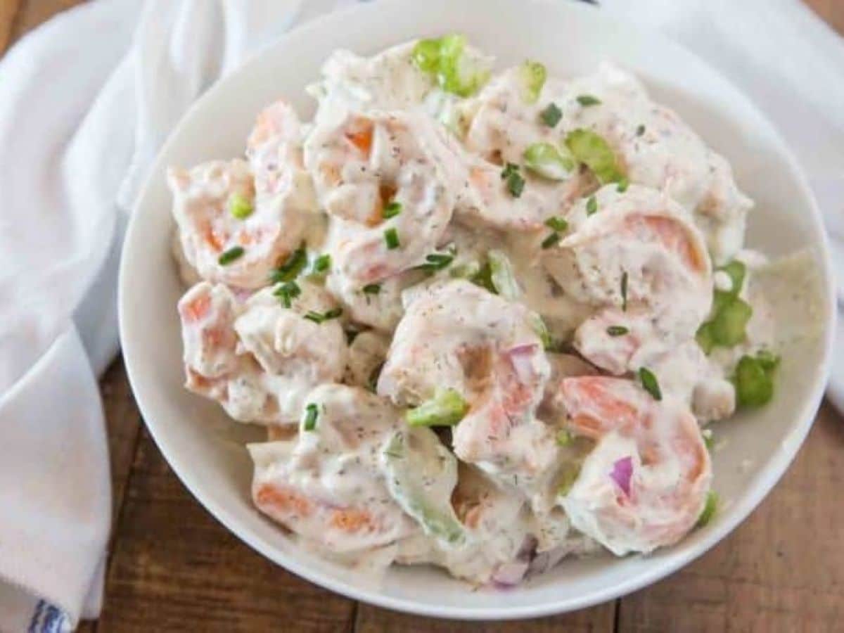 Creamy shrimp dish in a white bowl