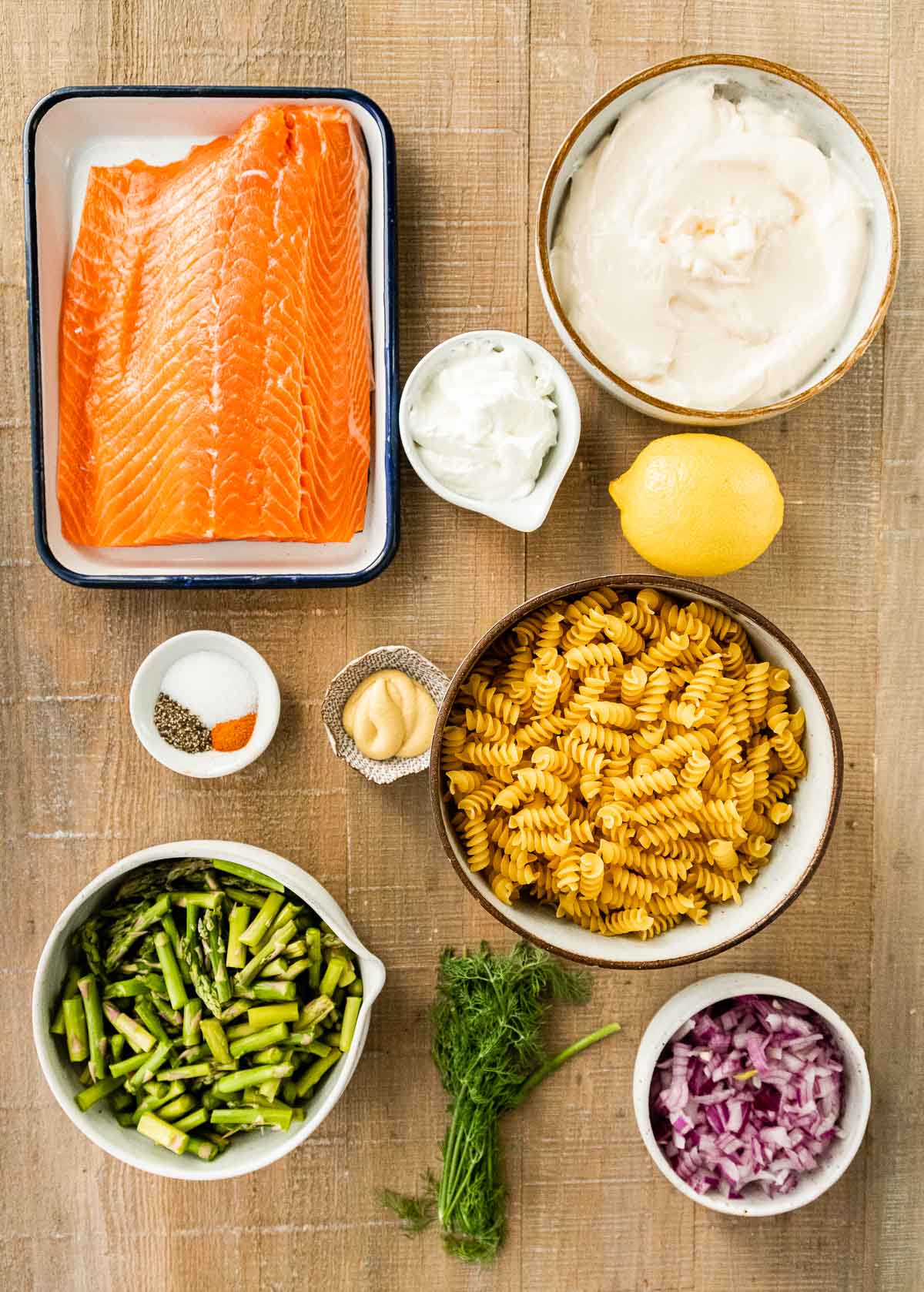 portioned ingredients for Dill Salmon Pasta Salad