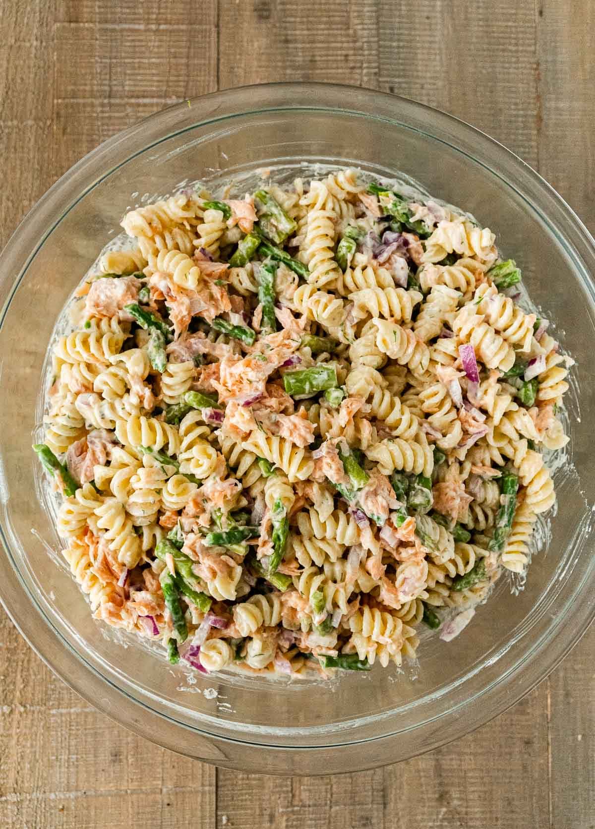 mixed Dill Salmon Pasta Salad in a bowl