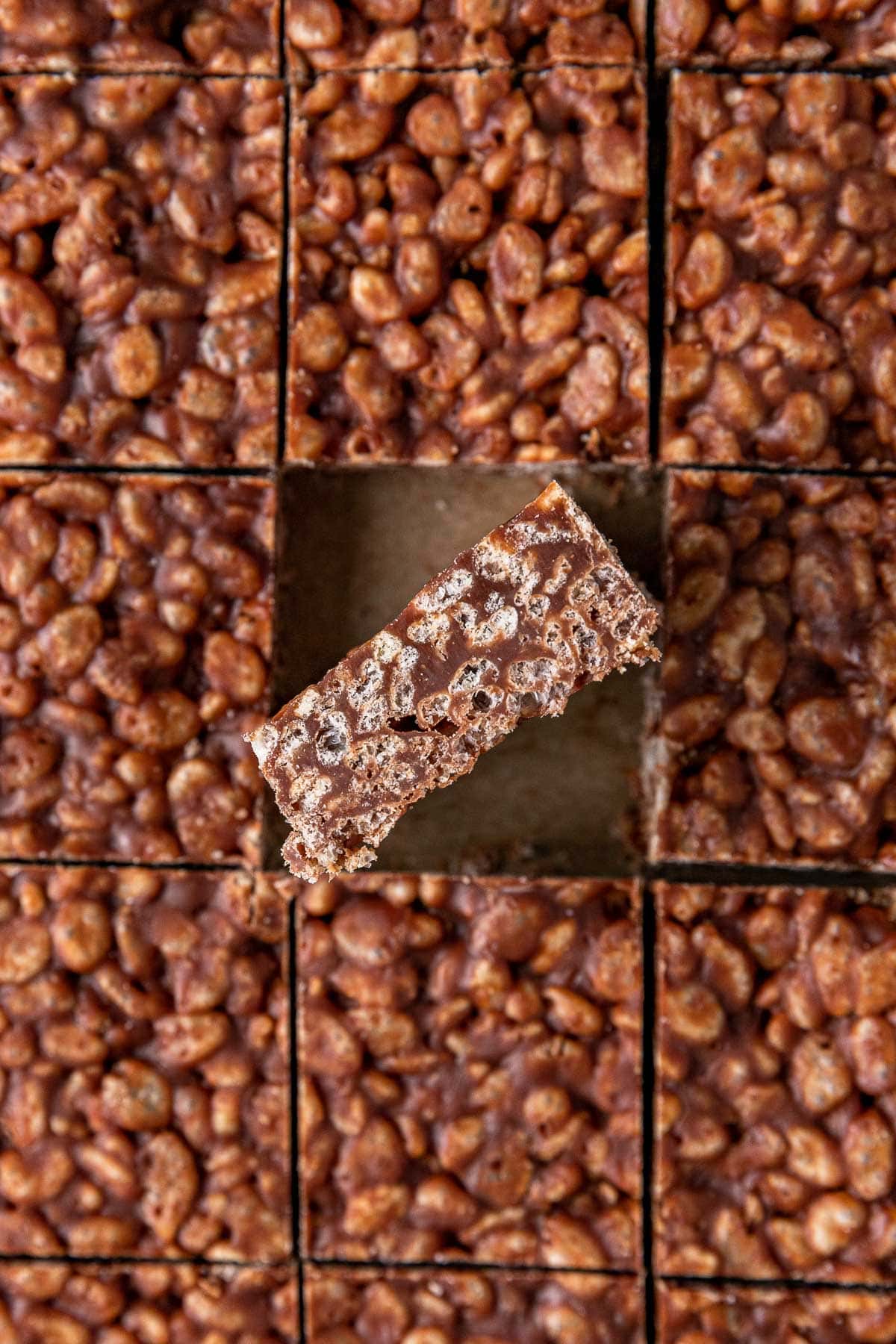 Side view of Fudge Krispies cut into squares