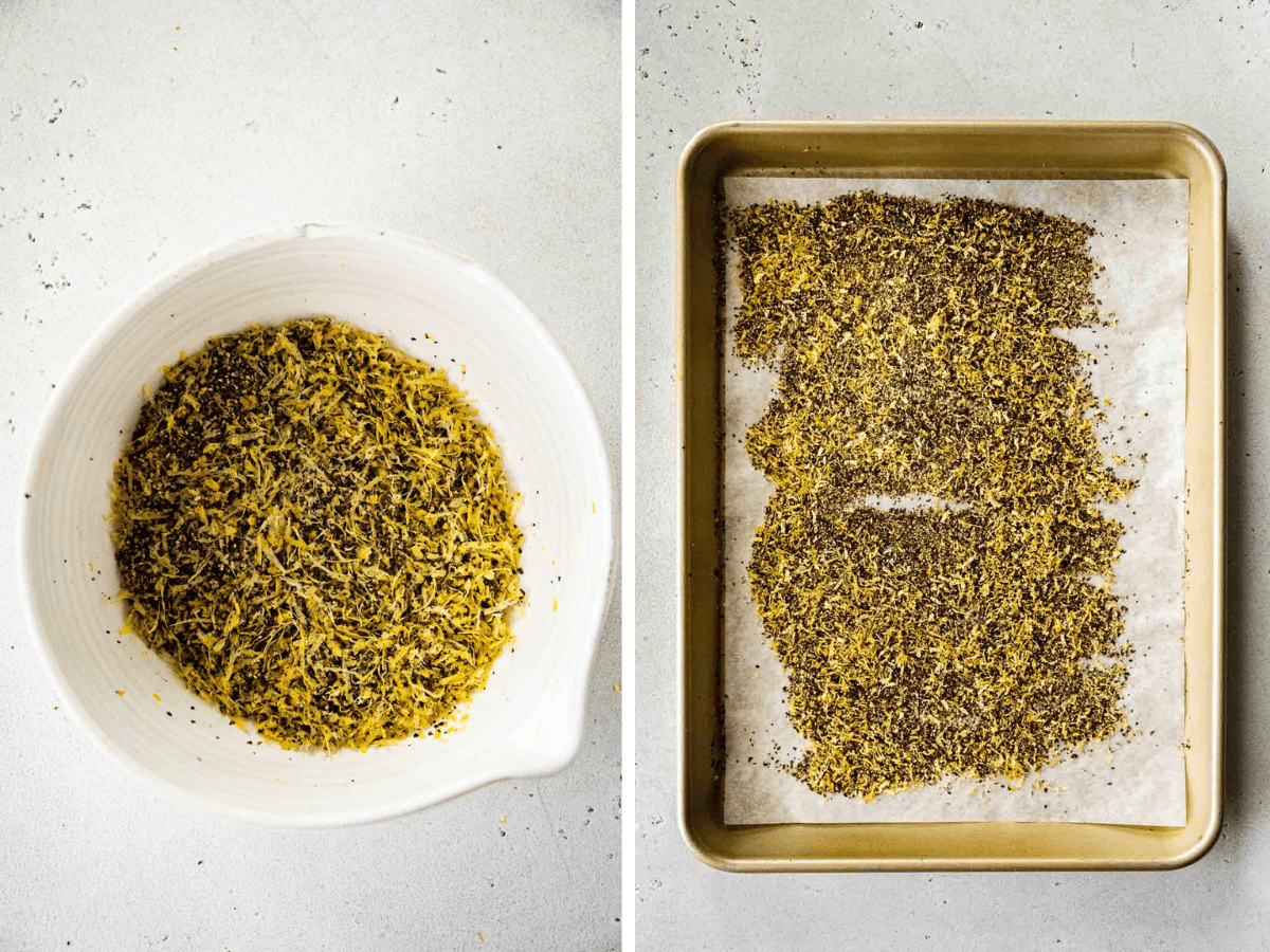 collage of ingredients in a bowl and seasoning ingredients on a pan