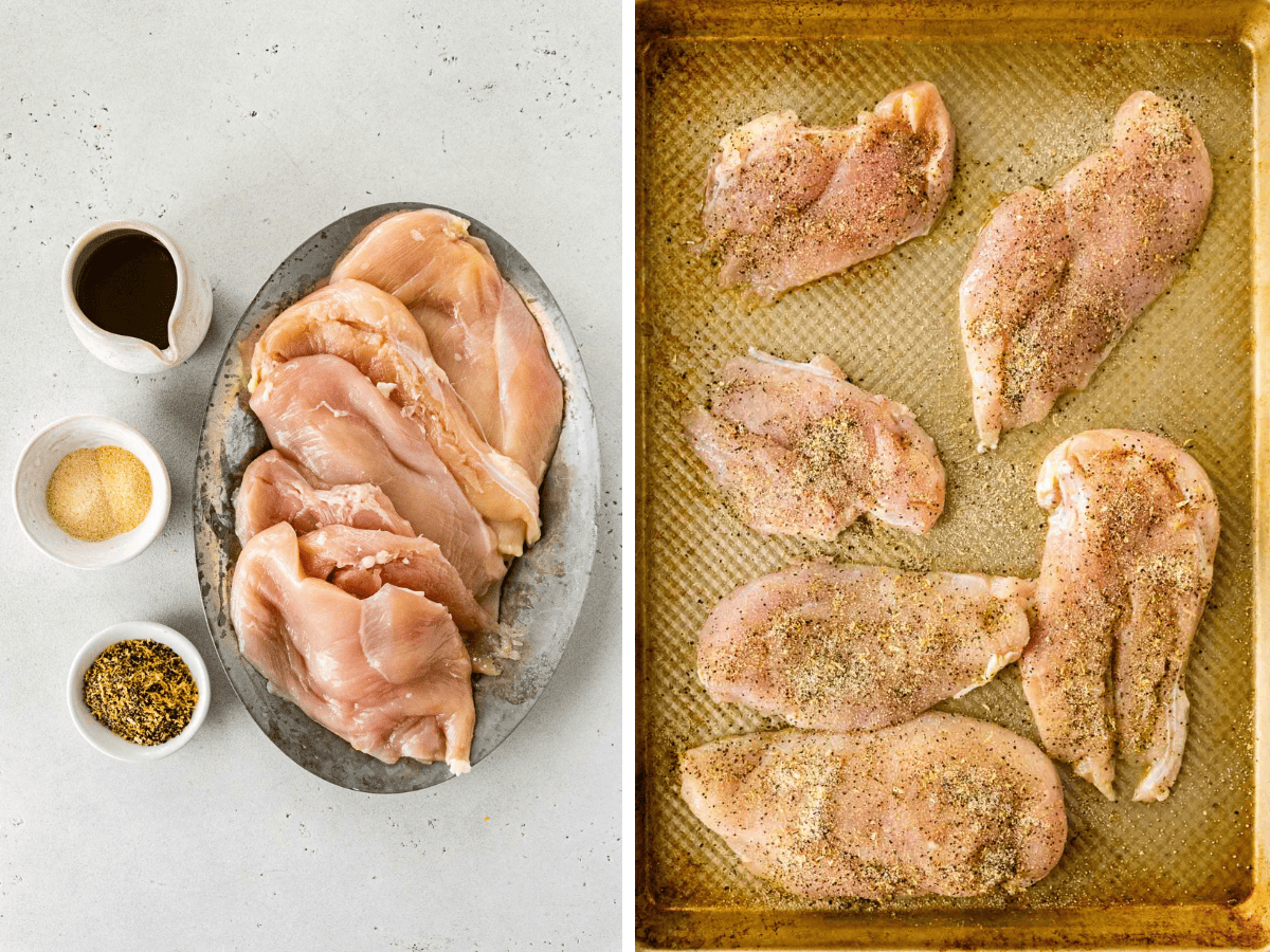 collage of raw chicken on a plate and raw chicken on a sheet pan with seasonings on top
