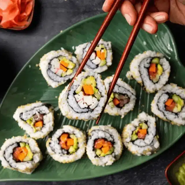 a piece of sushi roll being picked up by a pair of chopsticks