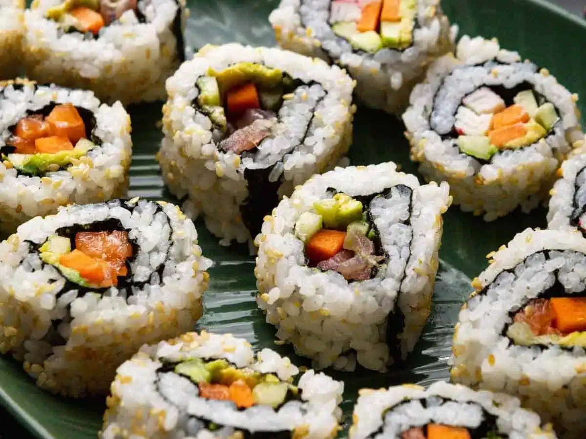 close up on sliced sushi rolls