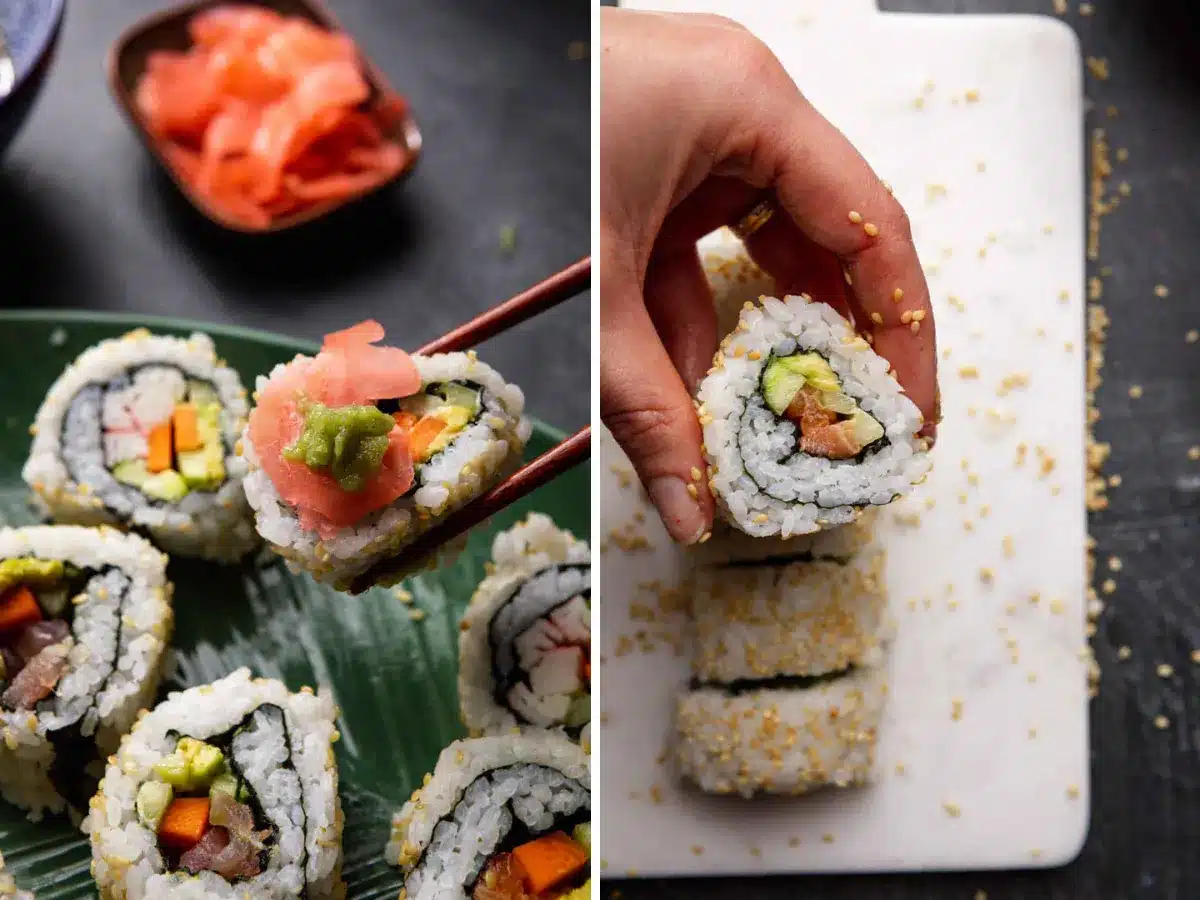 collage of a piece of sushi being picked up by chopsticks and a piece being picked up by a hand
