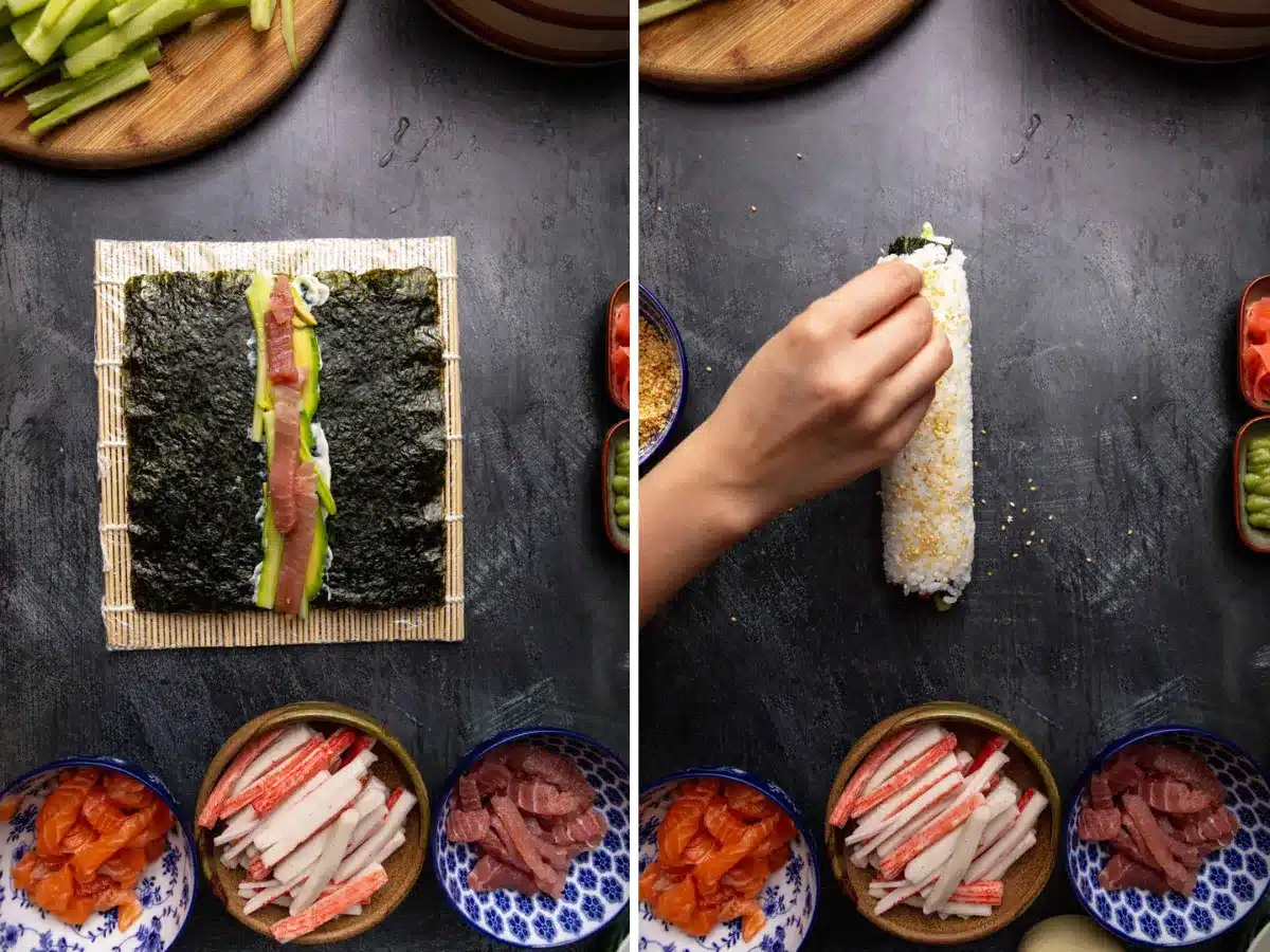 collage of the process of making the sushi roll and sprinkling seeds on top of the roll