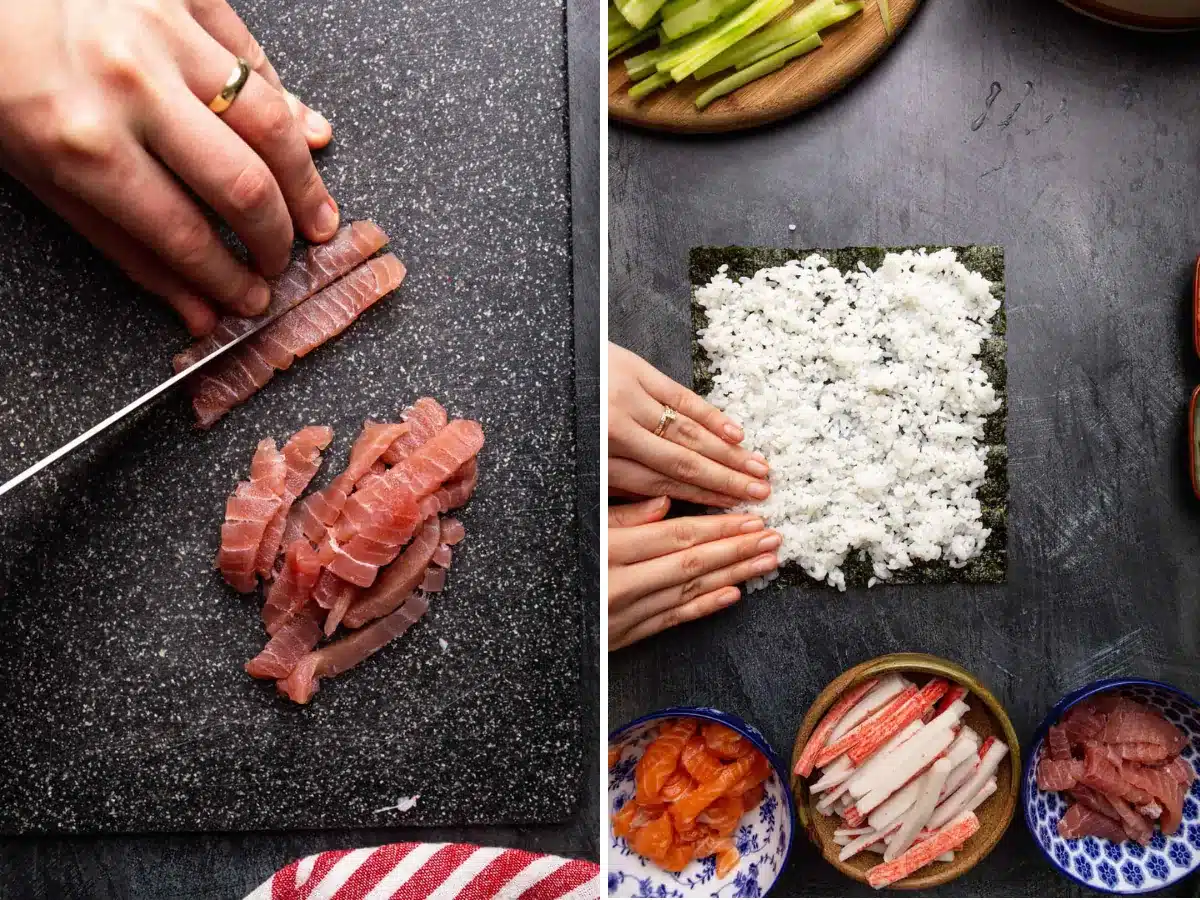 collage of slicing the fish and pressing down on the rice