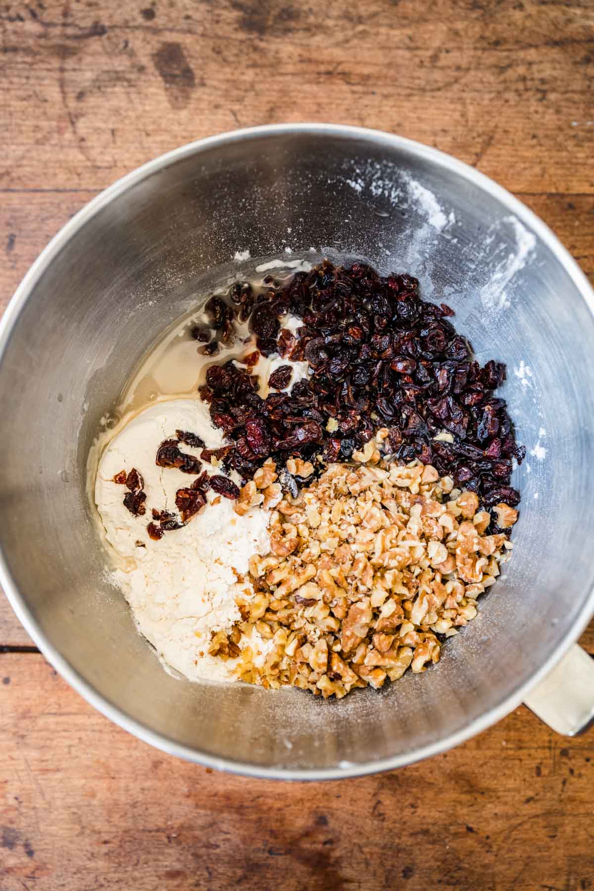 No-Knead Cranberry Walnut Bread, ingredients in mixing bowl