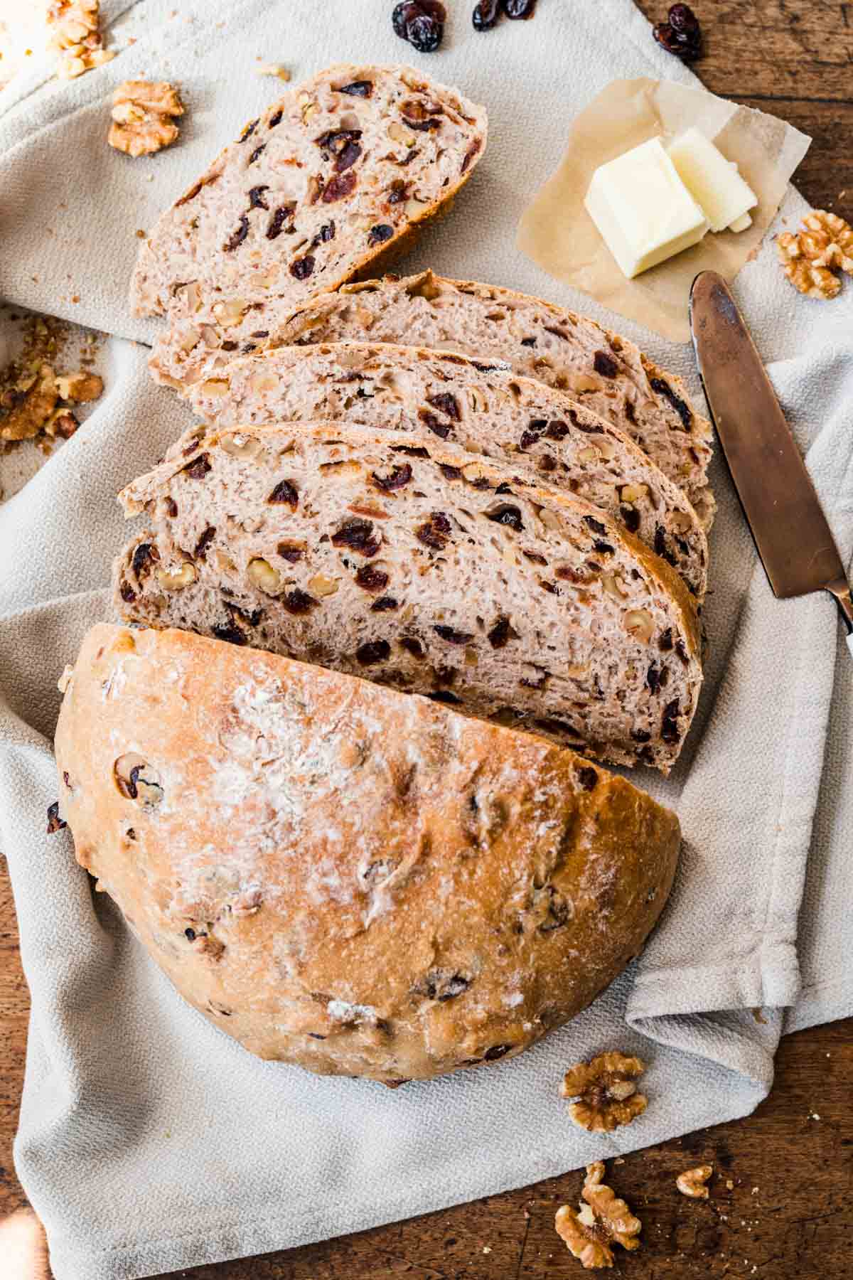 No-Knead Cranberry Walnut Bread, sliced