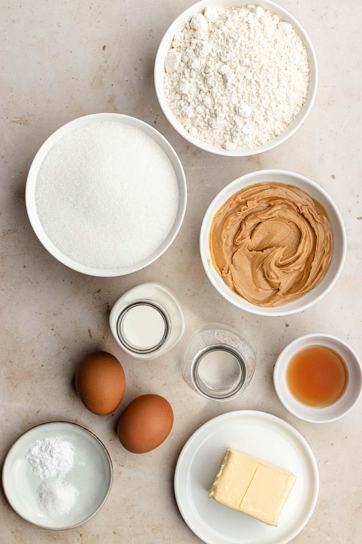 Peanut Butter Layer Cake  ingredients in bowls