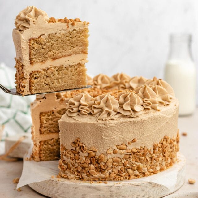 Peanut Butter Layer Cake with a slice taken out