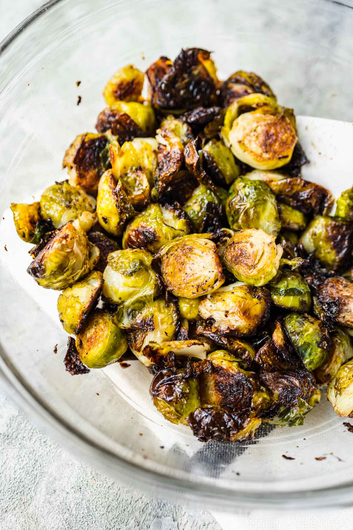 Finished Roasted Balsamic Brussels Sprouts in a bowl