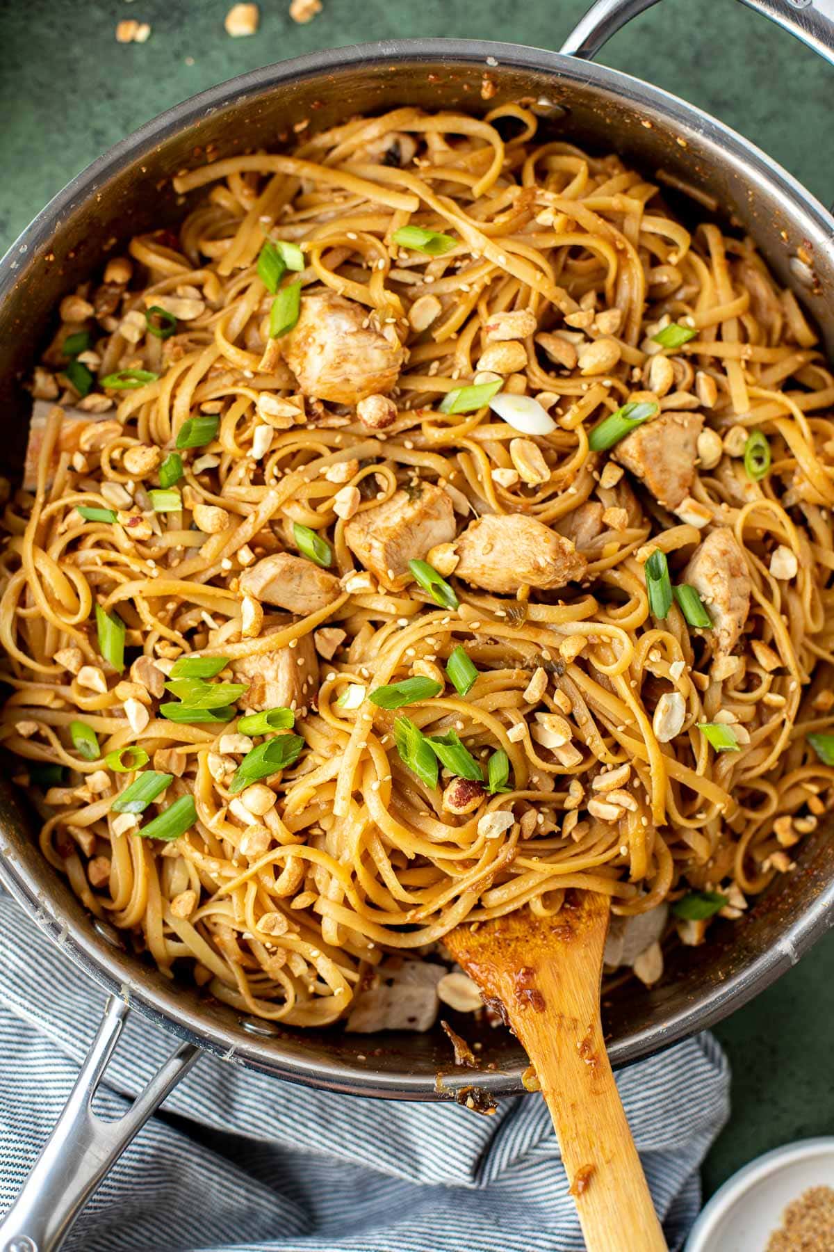 Sesame Peanut Chicken Noodles after tossing in the sauce