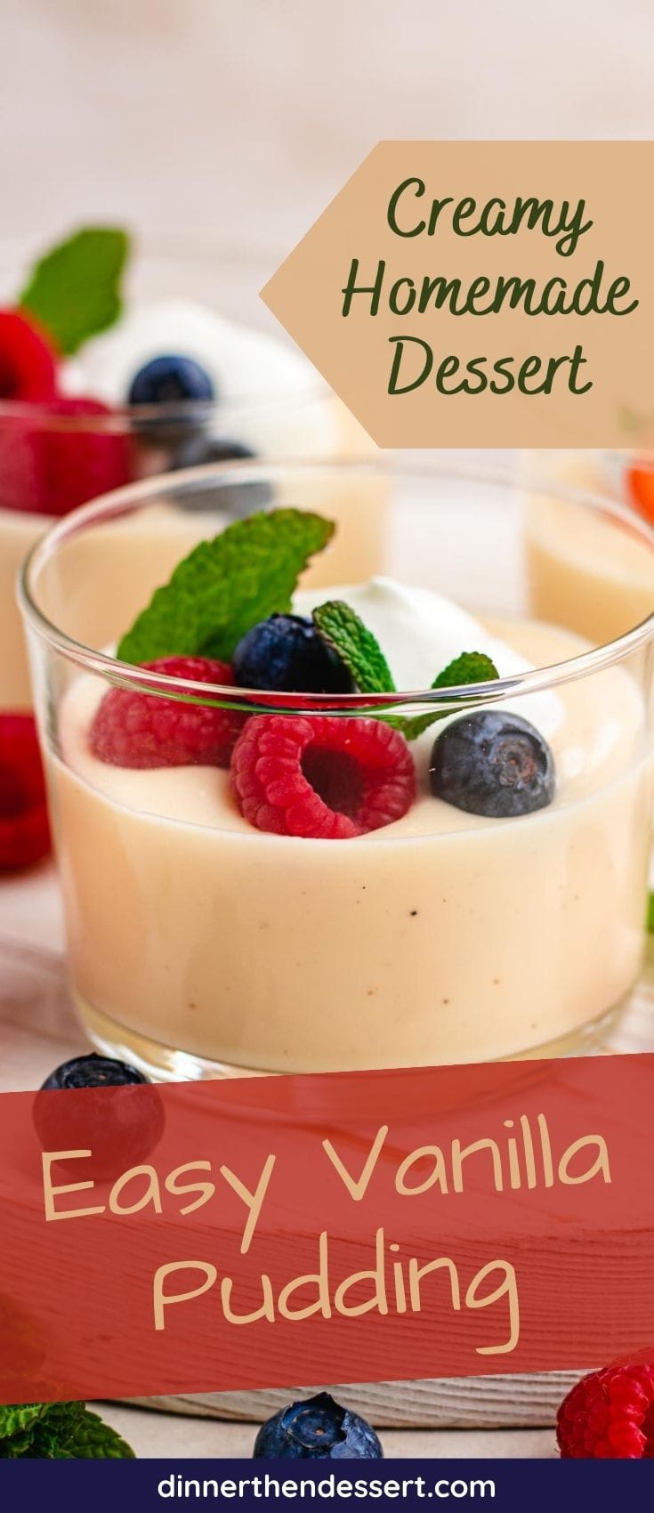 Vanilla Pudding finished in small glass cup with berries and mint garnish, recipe name across bottom
