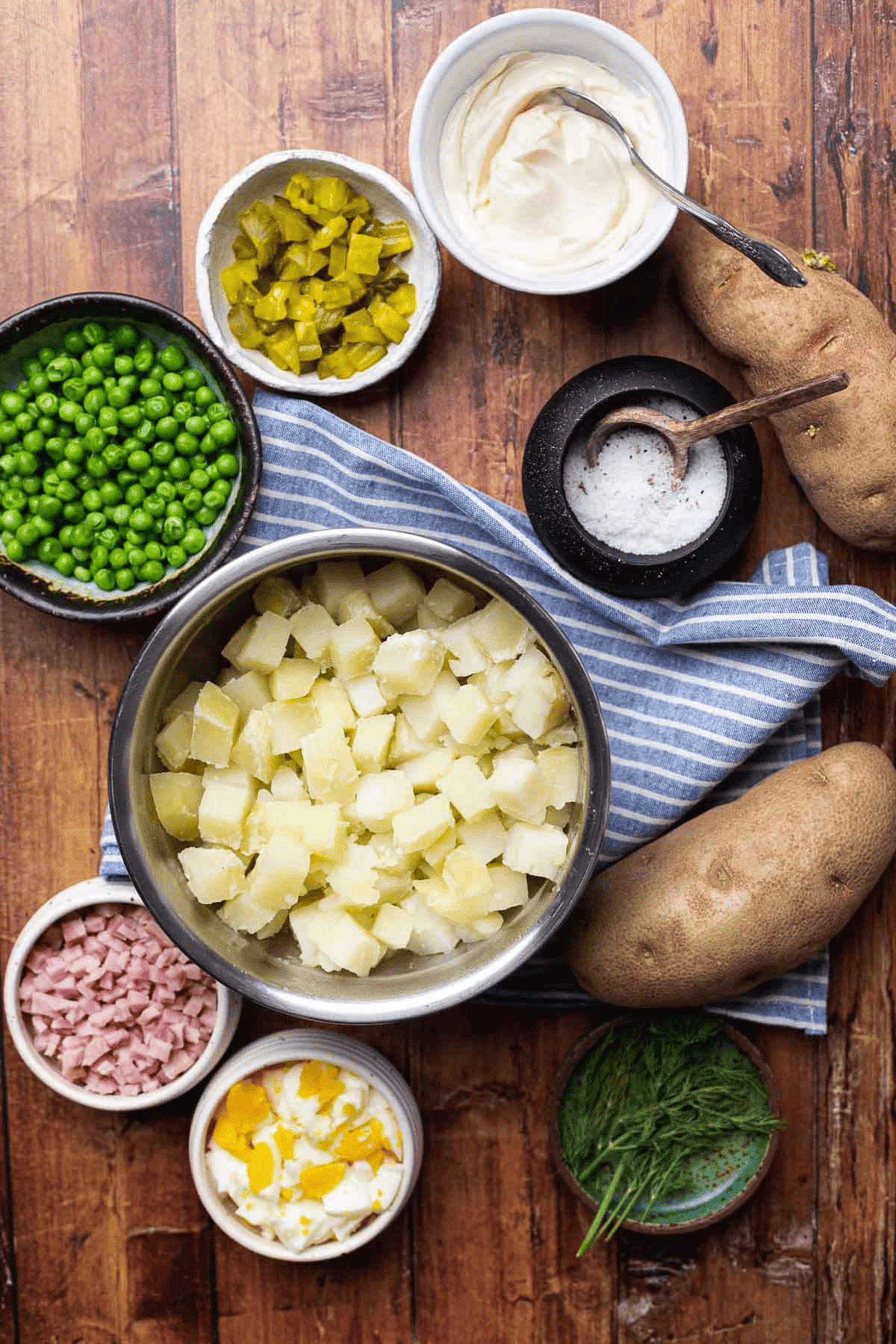 Salad ingredients in separate bowls