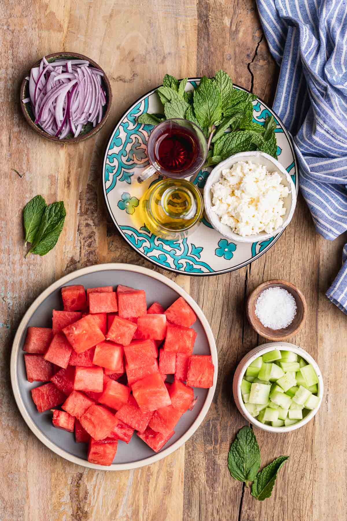 portioned ingredients for Watermelon Feta Salad