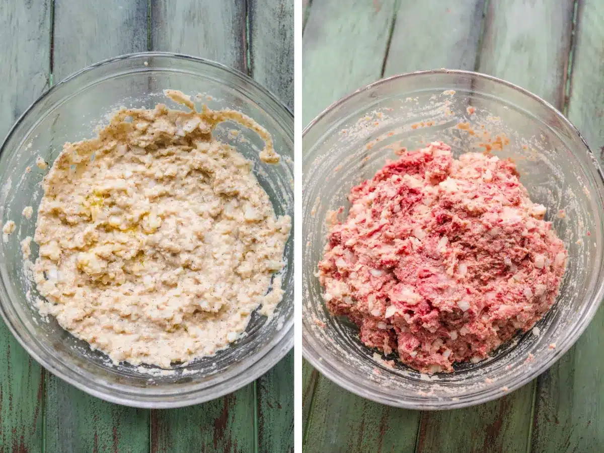 collage of ingredients in a bowl and mixed up, raw meatloaf in a bowl