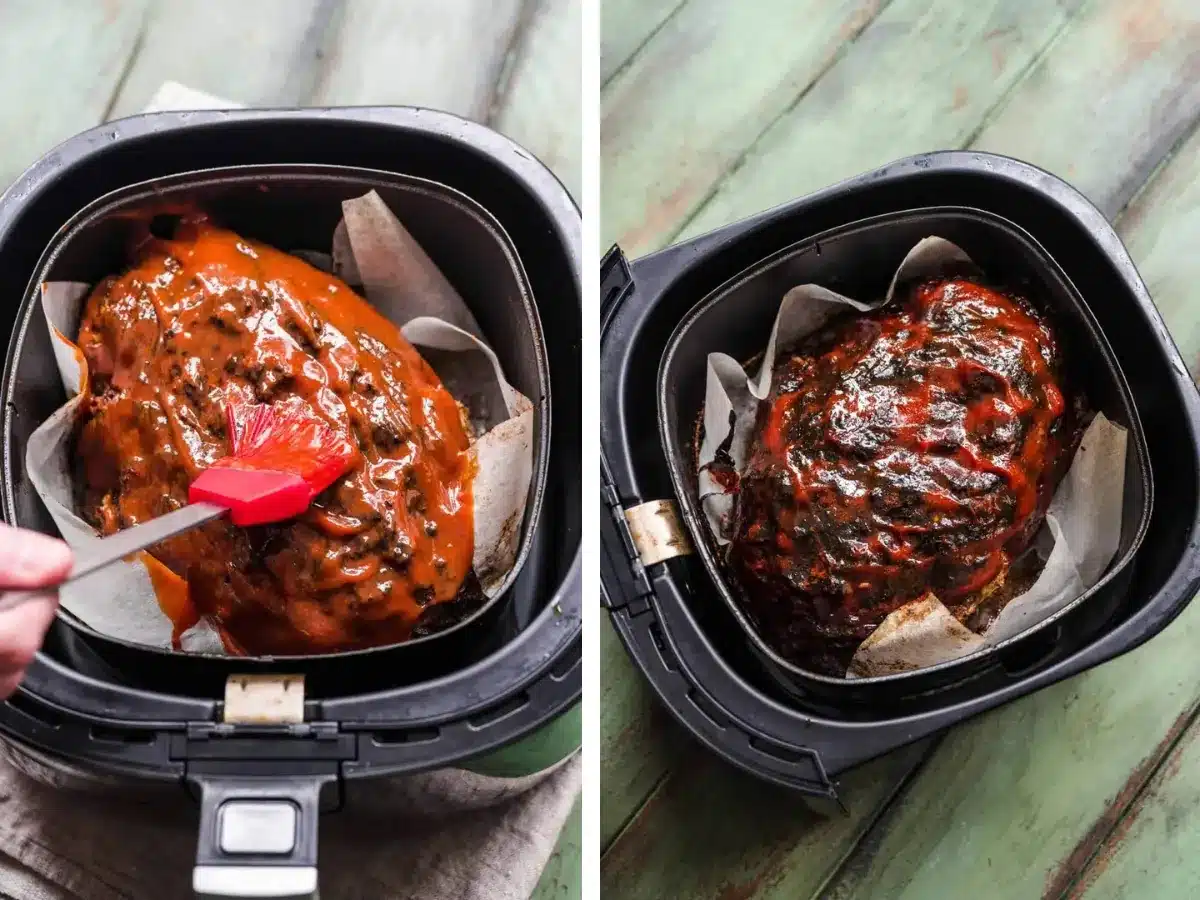 collage of meatloaf being brushed with sauce and freshly cooked and glazed in the air fryer