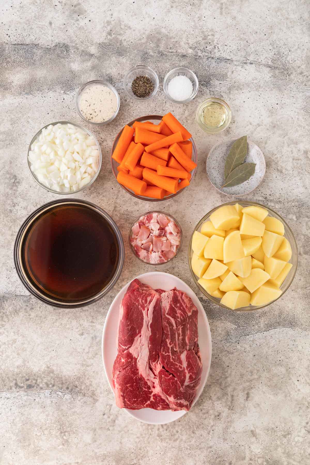 portioned ingredients for Bacon Ranch Pot Roast