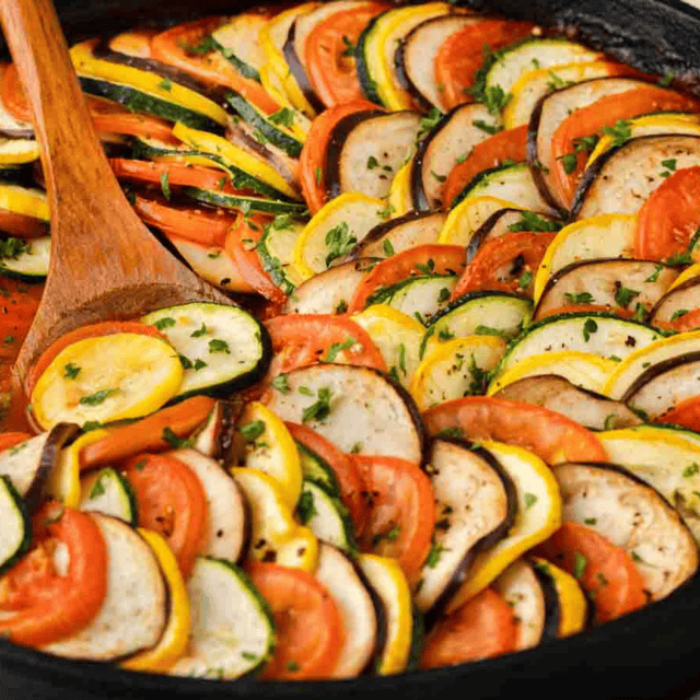 Thinly sliced vegetable rounds arranged in skillet, after baking.