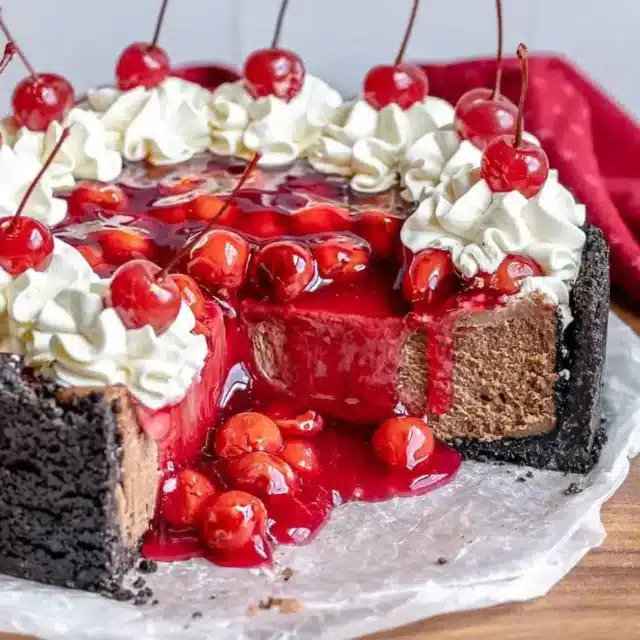 cheesecake with pieces missing and cherry topping falling down
