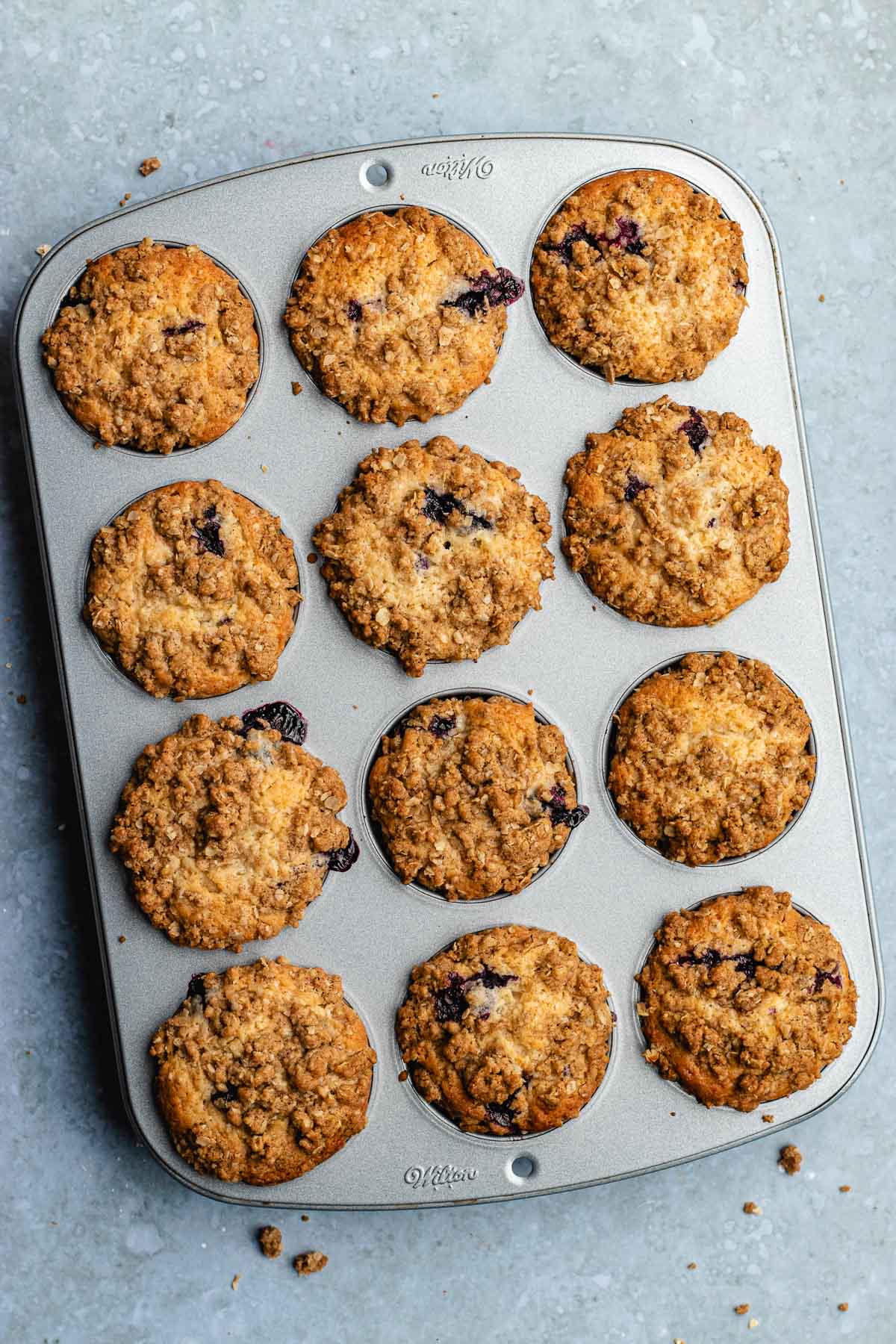 Blueberry Streusel Muffins baked in tin